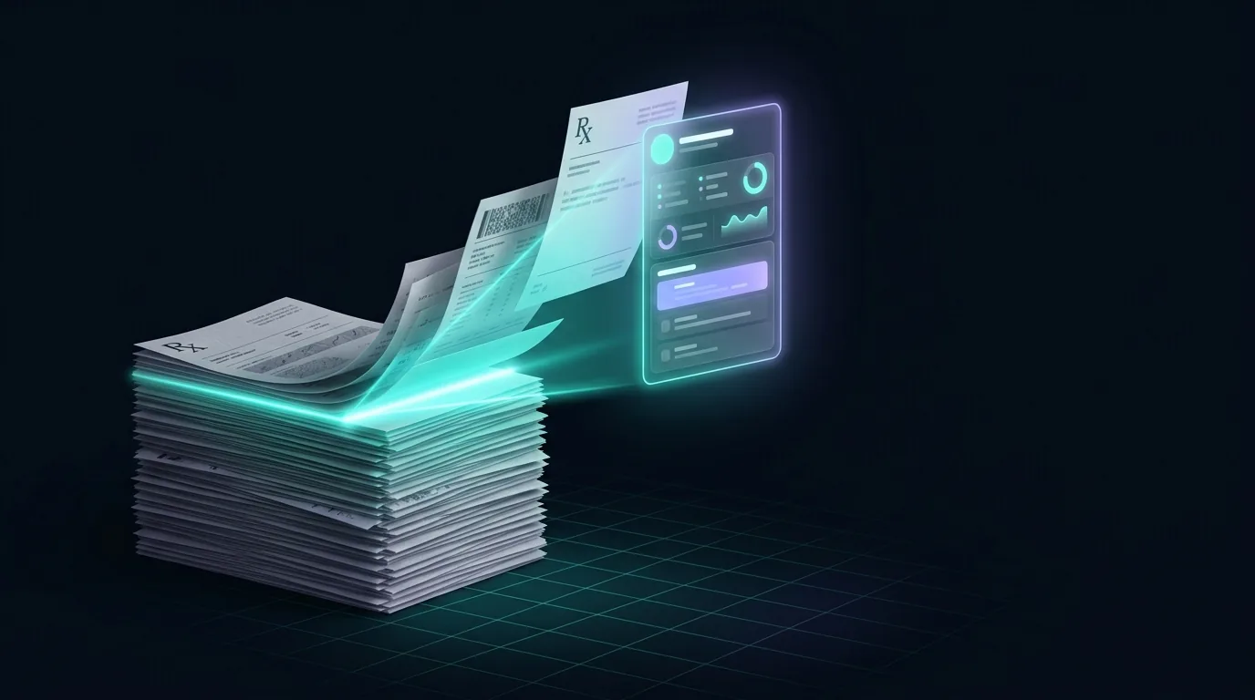 Editorial illustration: medical documents digitized into a clean AI summary