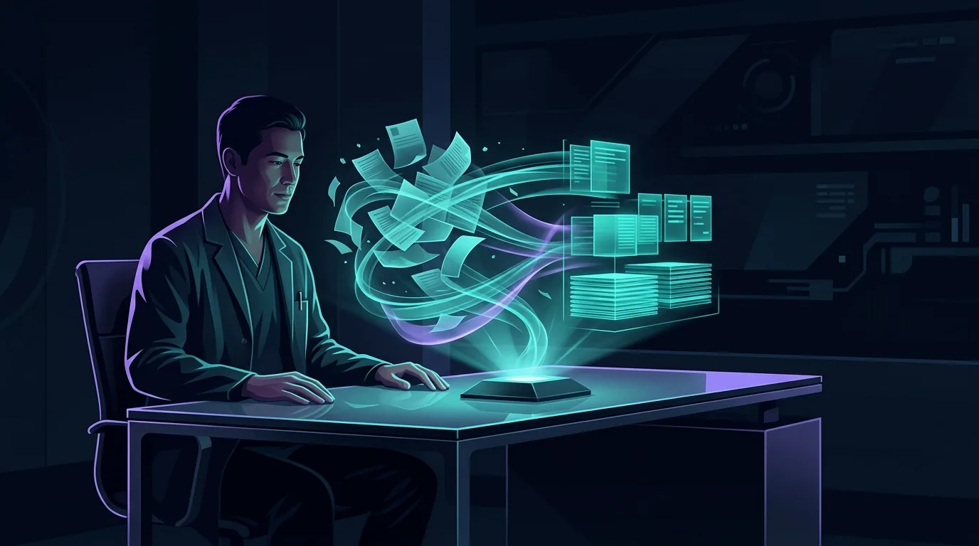 Editorial illustration: physician with a holographic AI assistant organizing clinical paperwork