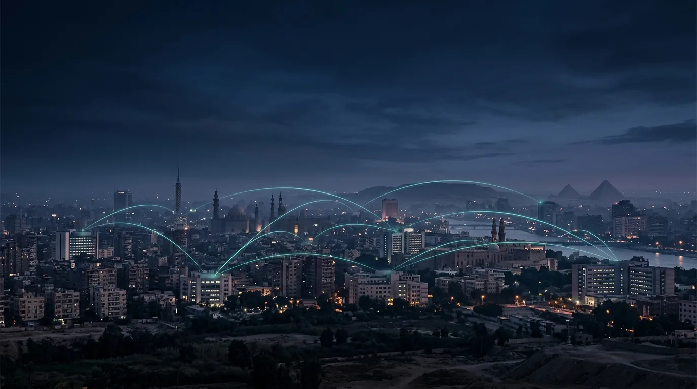 Cairo skyline at dusk with glowing links connecting TabibAI partner clinics across Egypt